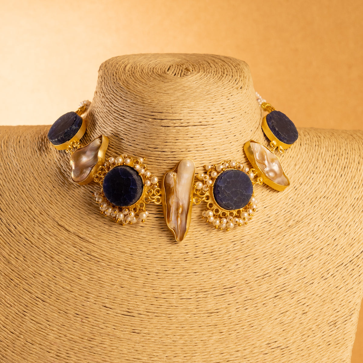 PRITHA  RAW AND RUSTIC FINISH MOP AND RAW STONE HANDMADE GOLD TONED NECKLACE NL82