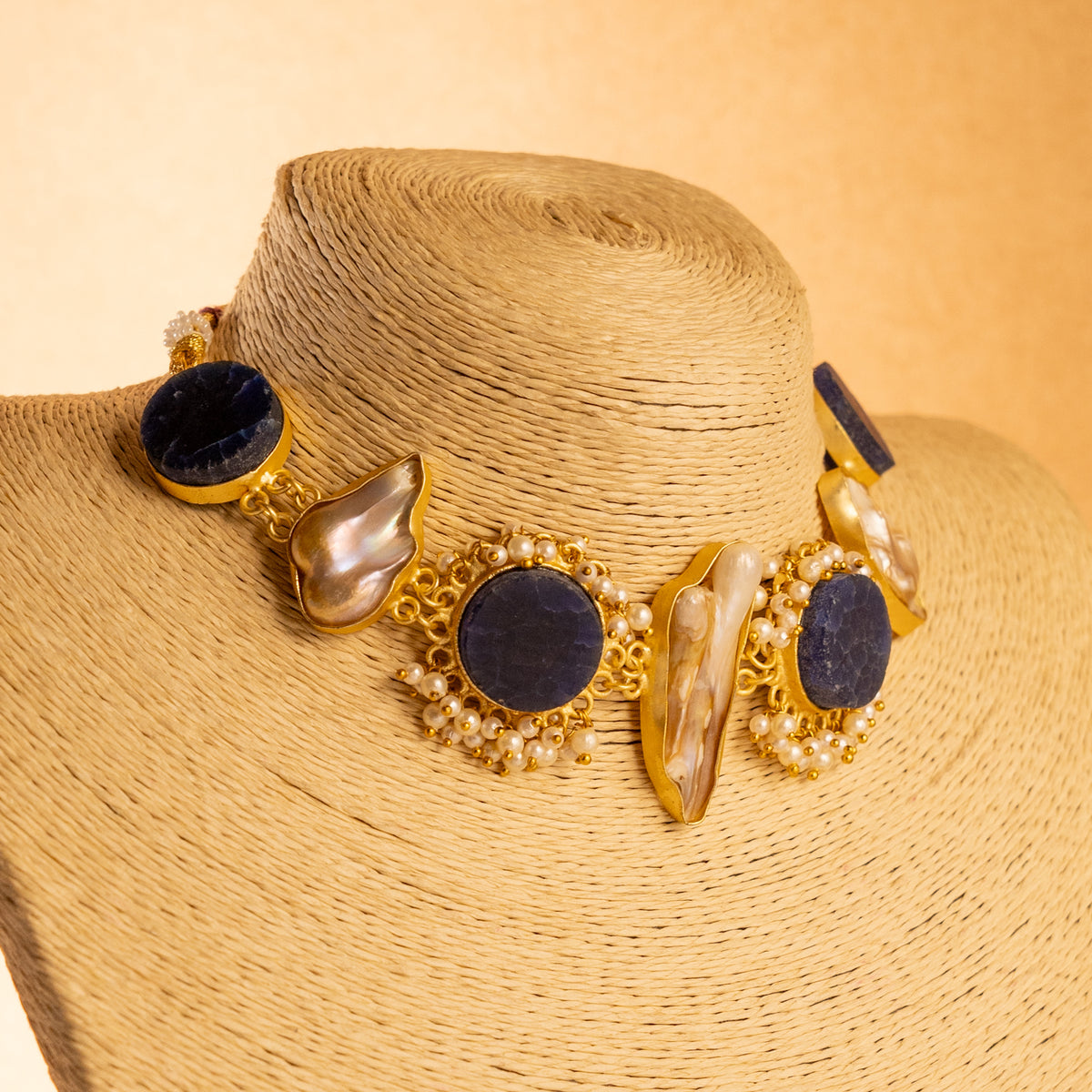 PRITHA  RAW AND RUSTIC FINISH MOP AND RAW STONE HANDMADE GOLD TONED NECKLACE NL82