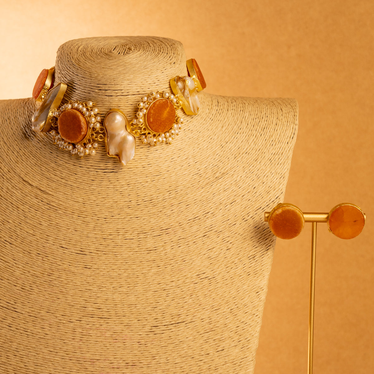 PRITHA  RAW AND RUSTIC FINISH MOP AND RAW STONE HANDMADE GOLD TONED NECKLACE NL82