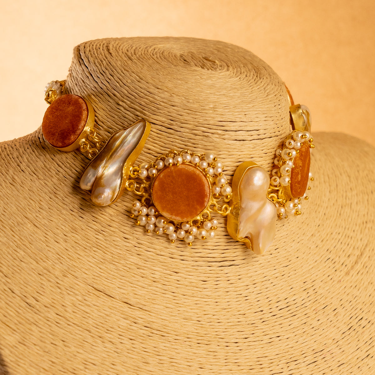 PRITHA  RAW AND RUSTIC FINISH MOP AND RAW STONE HANDMADE GOLD TONED NECKLACE NL82