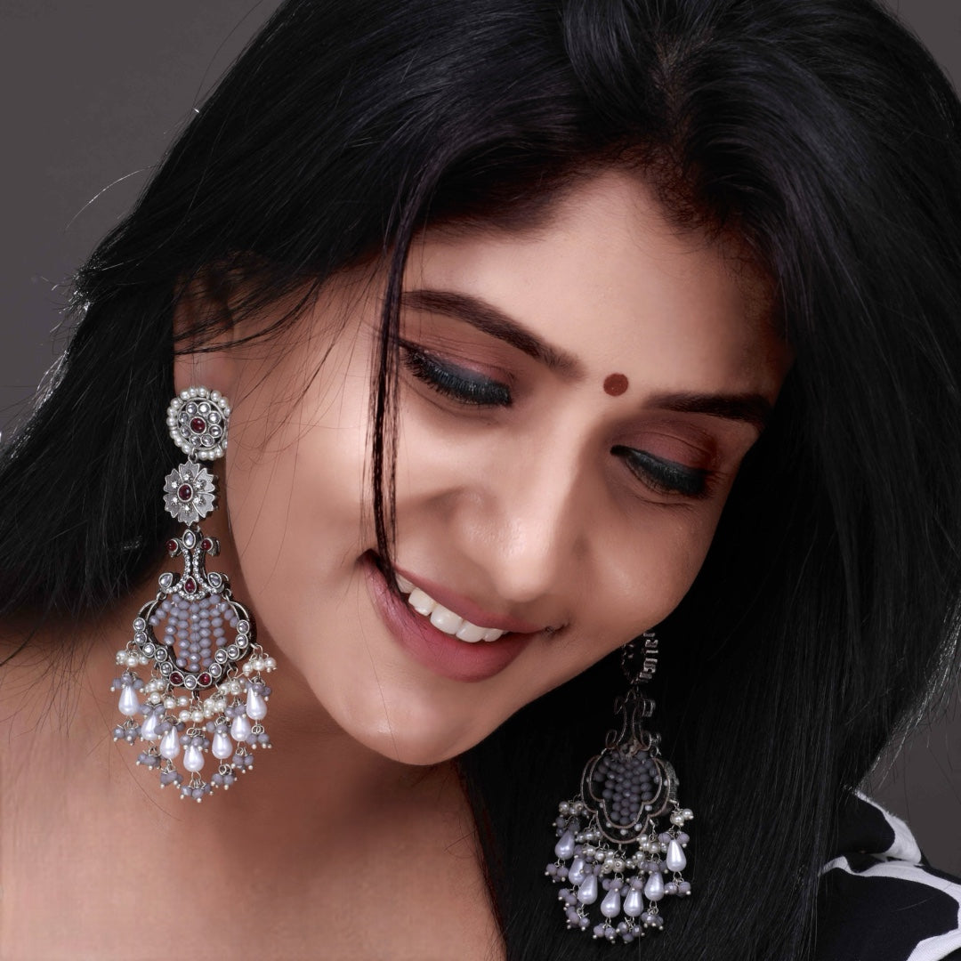 CELESTIA LONG CRYSTAL OXIDIZED PEACOCK SEMI HANDMADE EARRING ER116