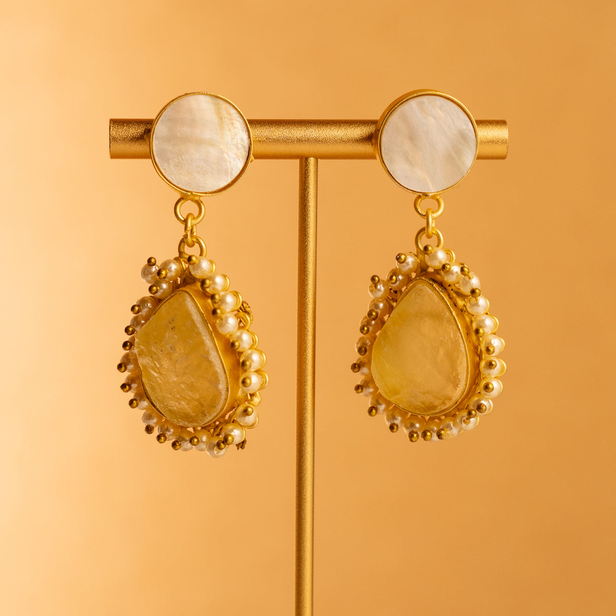 NIRAH RUSTIC FINISH RAW STONE AND MOP SHELL HANDMADE GOLD TONED NECKLACE NL79