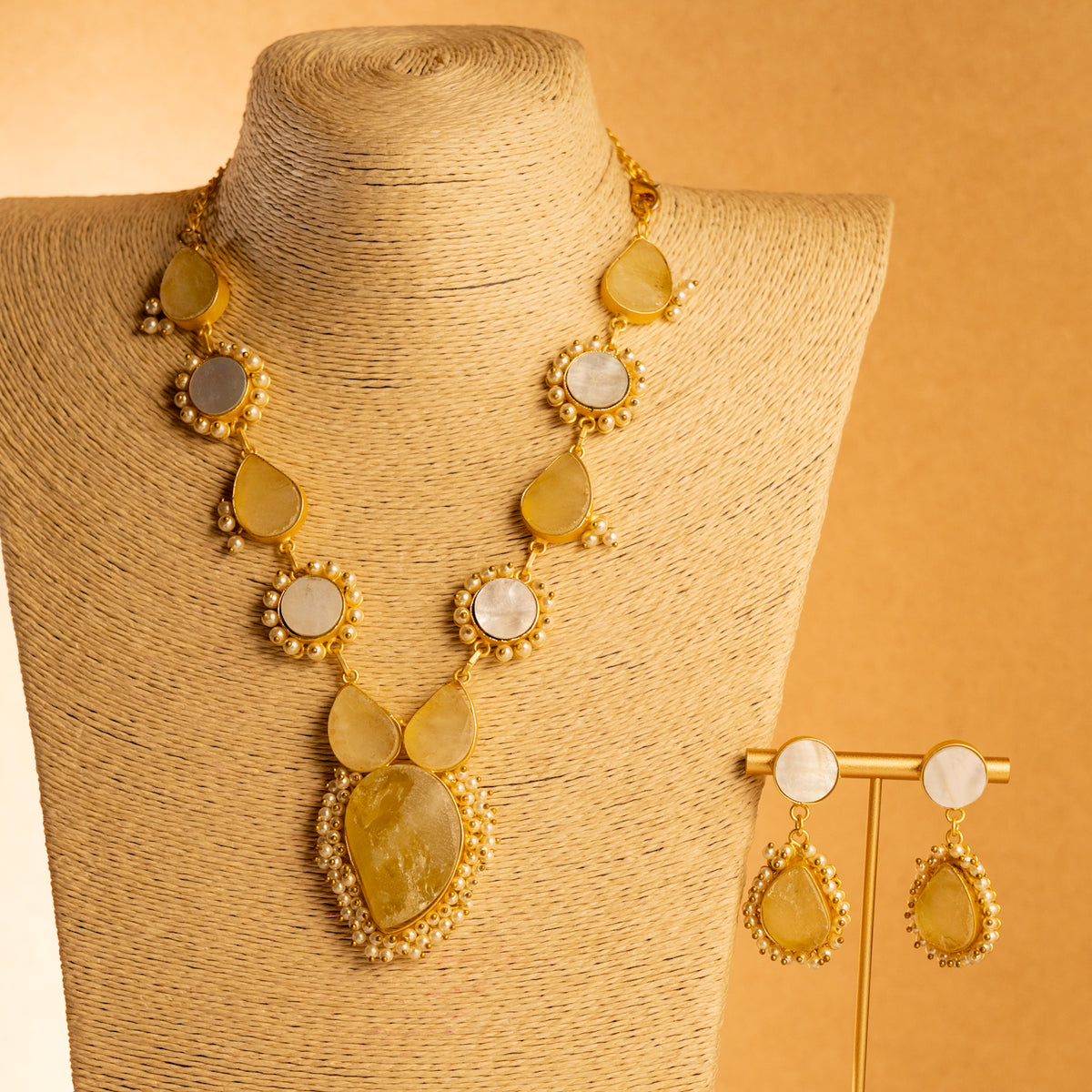 NIRAH RUSTIC FINISH RAW STONE AND MOP SHELL HANDMADE GOLD TONED NECKLACE NL79