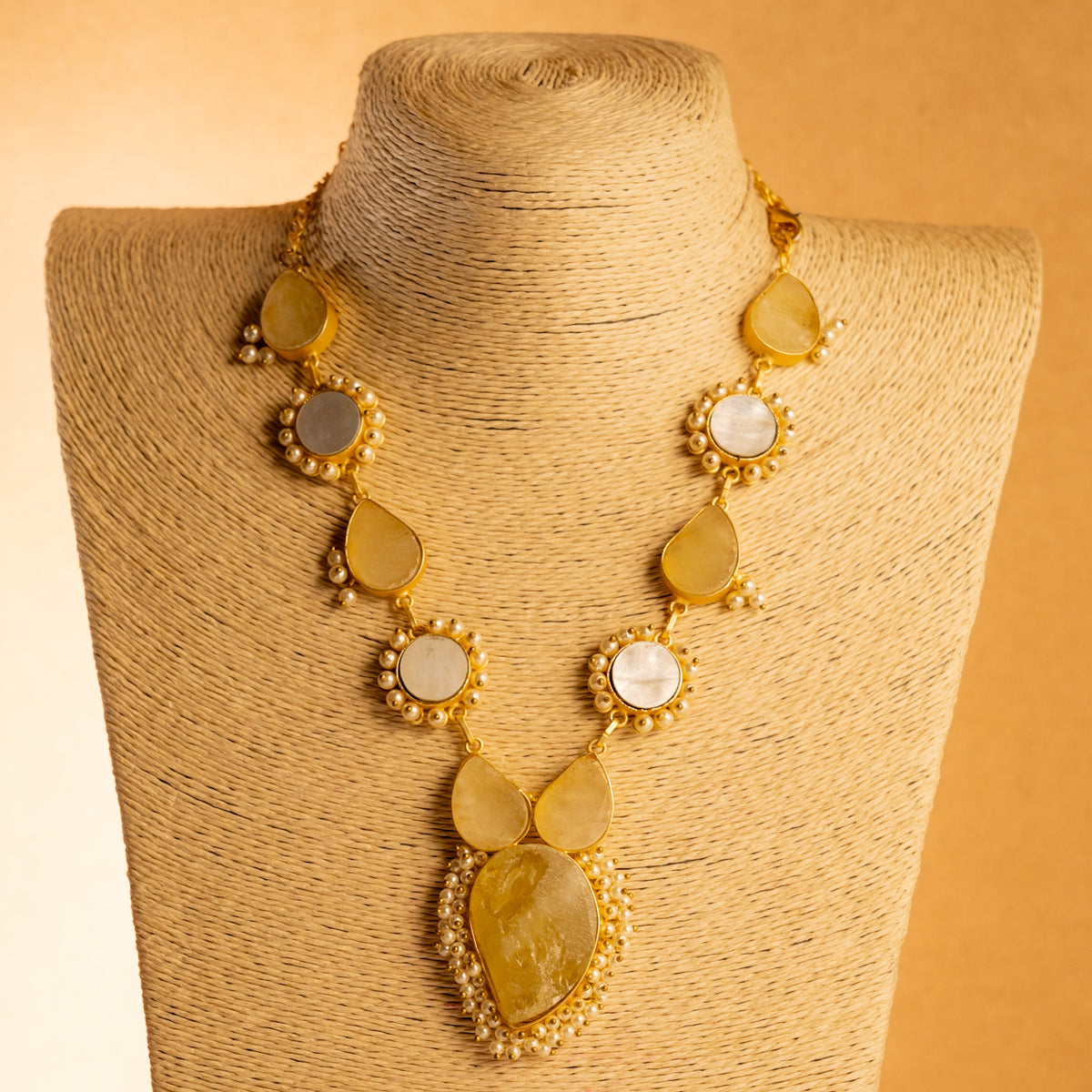 NIRAH RUSTIC FINISH RAW STONE AND MOP SHELL HANDMADE GOLD TONED NECKLACE NL79