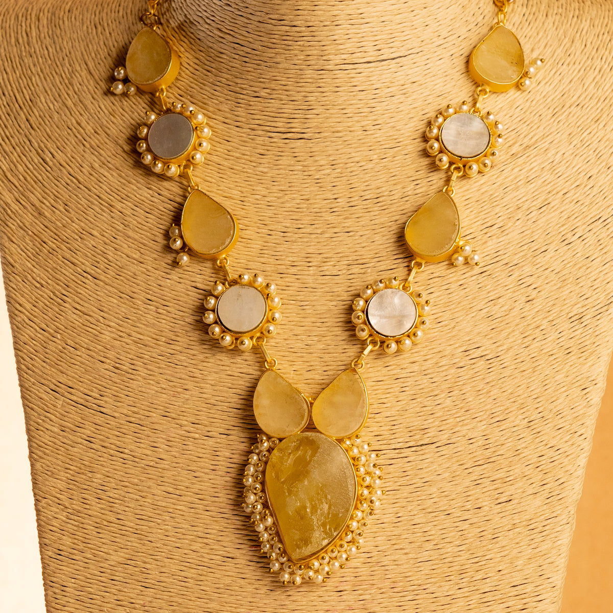 NIRAH RUSTIC FINISH RAW STONE AND MOP SHELL HANDMADE GOLD TONED NECKLACE NL79