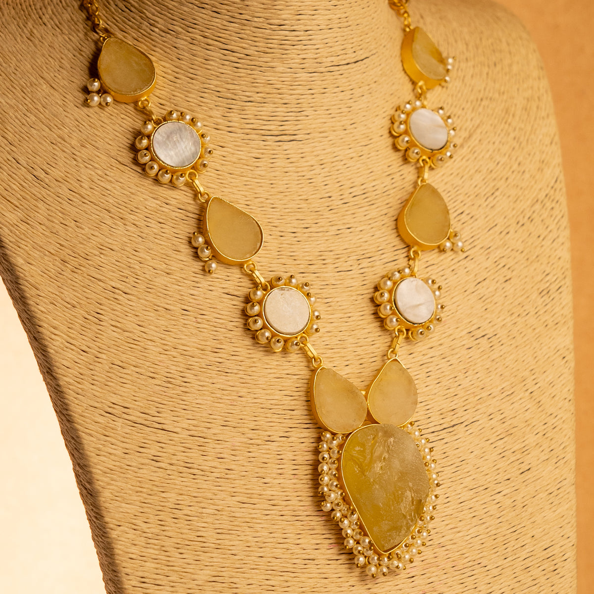 NIRAH RUSTIC FINISH RAW STONE AND MOP SHELL HANDMADE GOLD TONED NECKLACE NL79