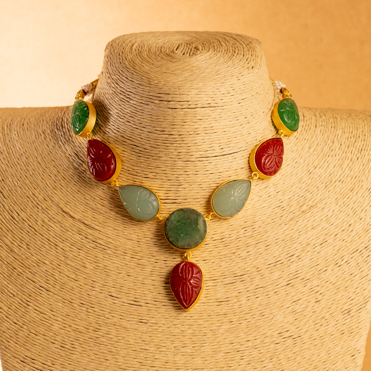 INDRONI RUSTIC FINISH  RAW STONE AND CARVING STONE HANDMADE GOLD TONED NECKLACE NL77