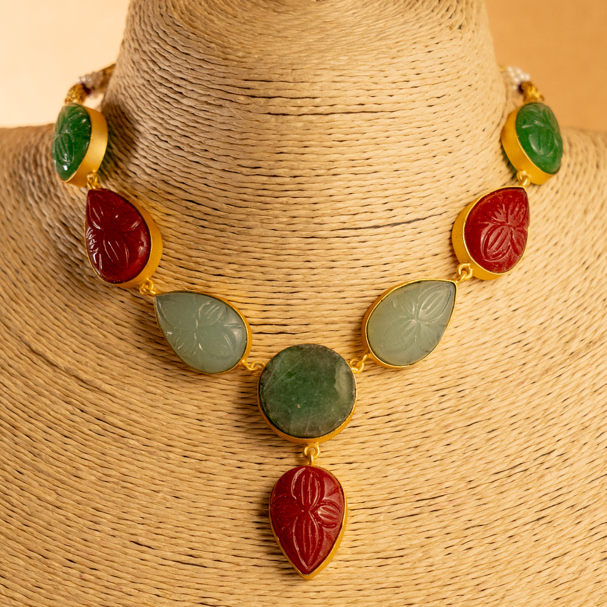 INDRONI RUSTIC FINISH  RAW STONE AND CARVING STONE HANDMADE GOLD TONED NECKLACE NL77