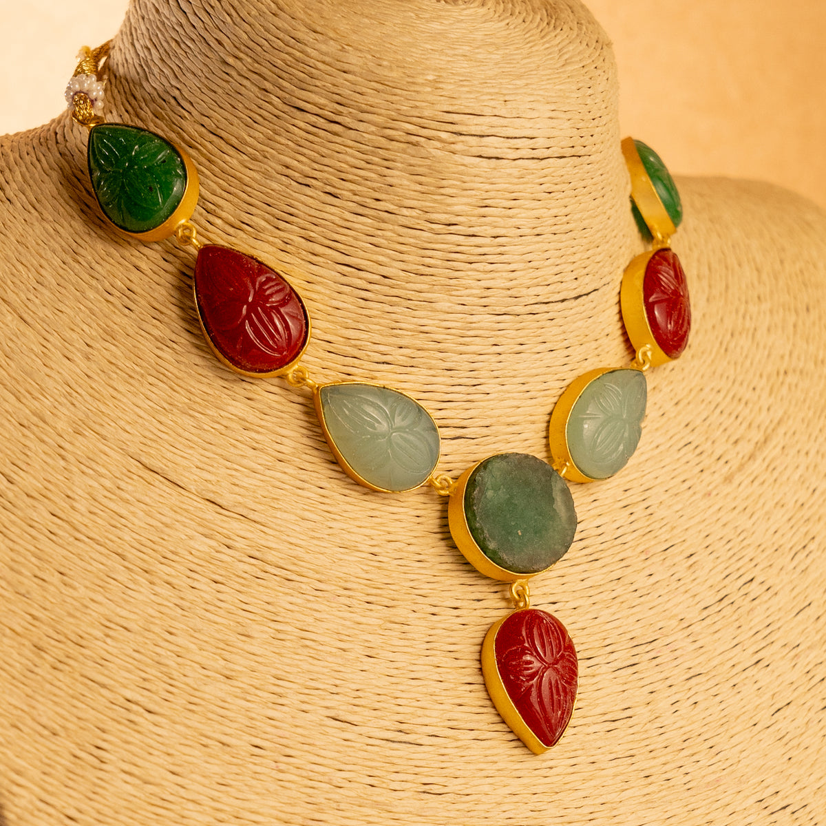 INDRONI RUSTIC FINISH  RAW STONE AND CARVING STONE HANDMADE GOLD TONED NECKLACE NL77