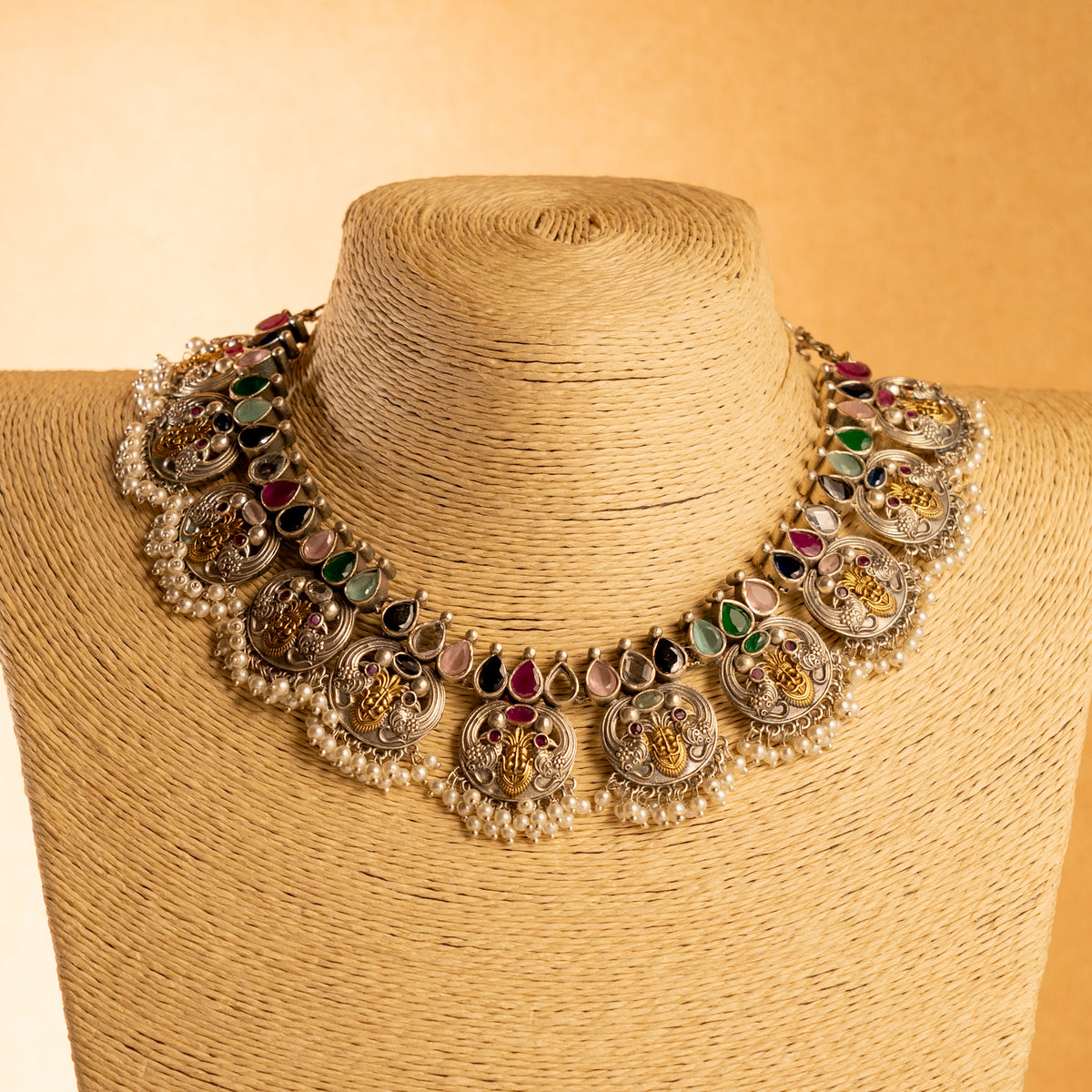 VIKIRA FAUX SILVER PREMIUM SEMI HANDMADE NECKLACE WITH EARRINGS NL128