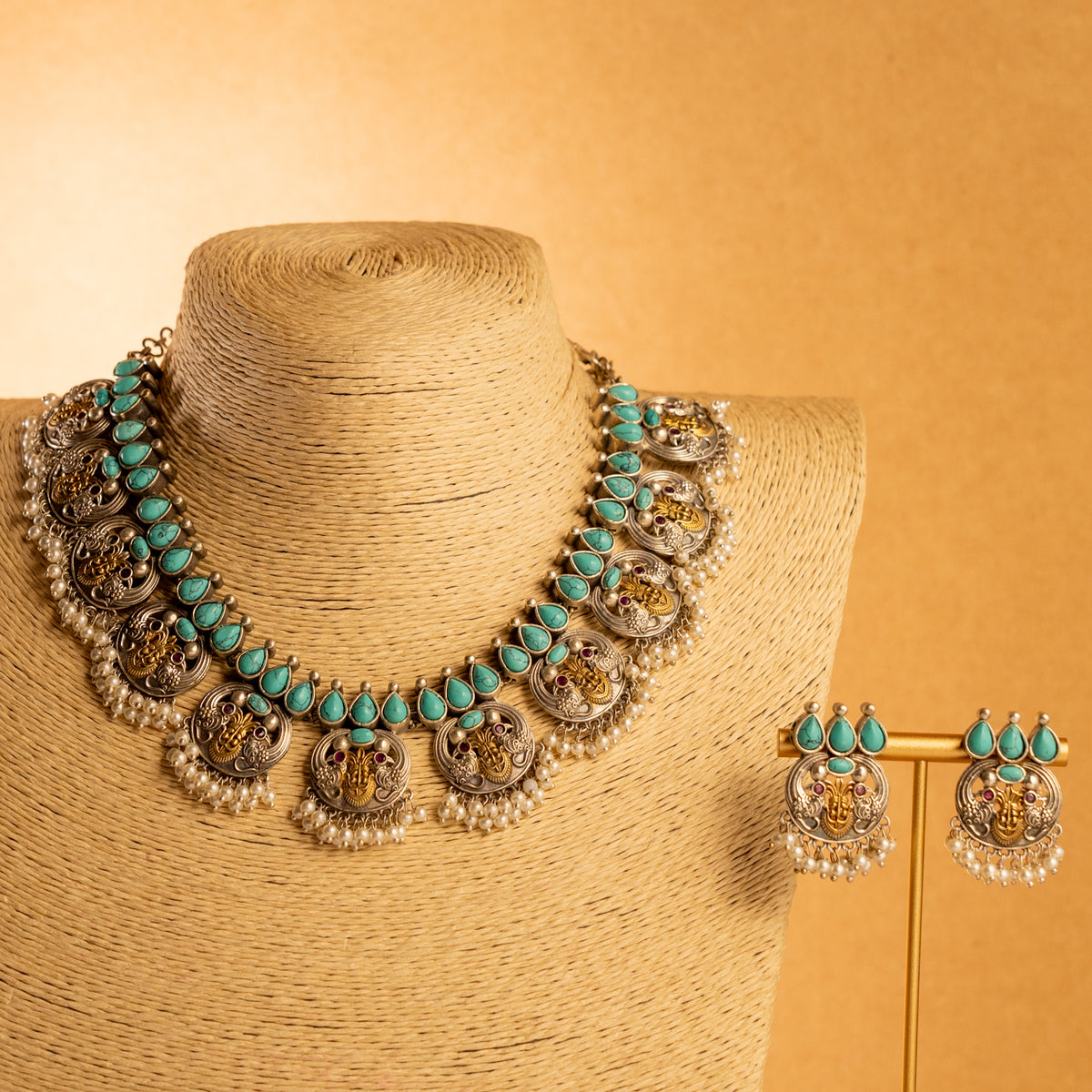 VIKIRA FAUX SILVER PREMIUM SEMI HANDMADE NECKLACE WITH EARRINGS NL128