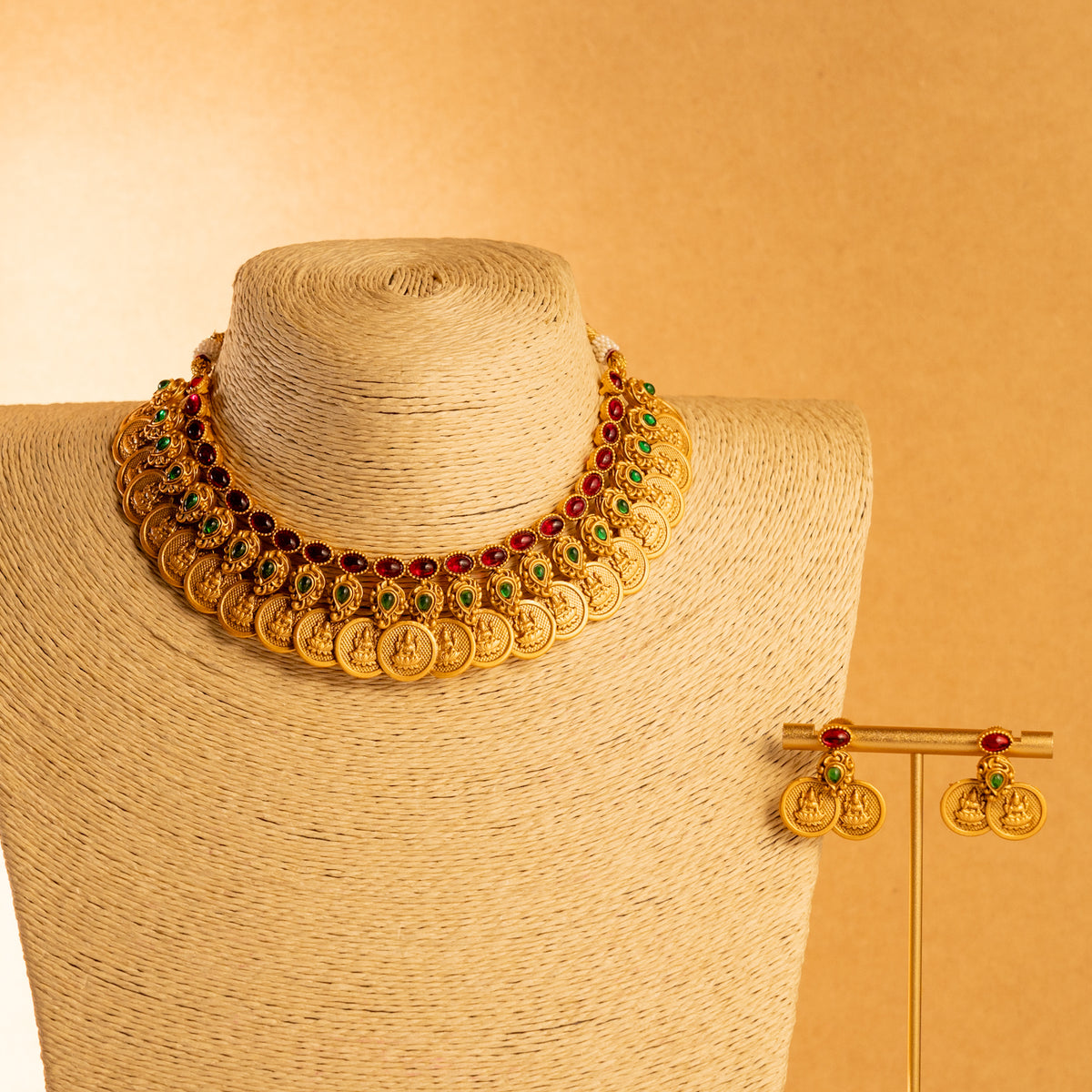 RITHIKA RUBY WITH GREEN GOLD TONED ANTIQUE FINISH TEMPLE NECKLACE WITH EARRINGS NL173