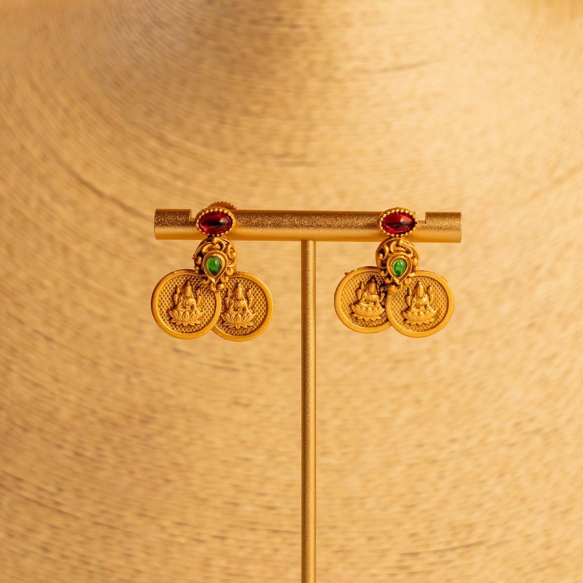 RITHIKA RUBY WITH GREEN GOLD TONED ANTIQUE FINISH TEMPLE NECKLACE WITH EARRINGS NL173