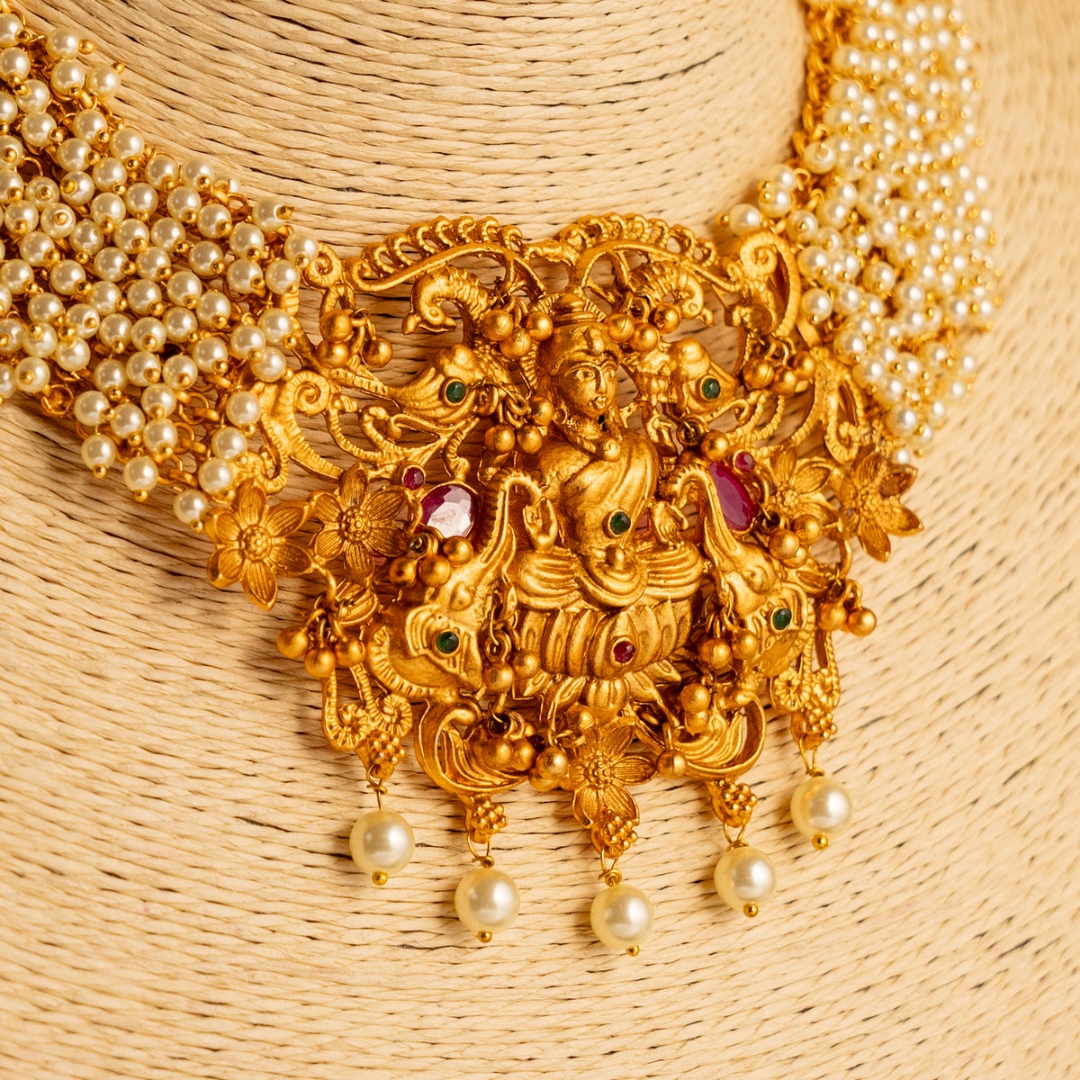 MAYA GOLD TONED ANTIQUE FINISH TEMPLE NECKLACE WITH EARRINGS NL170