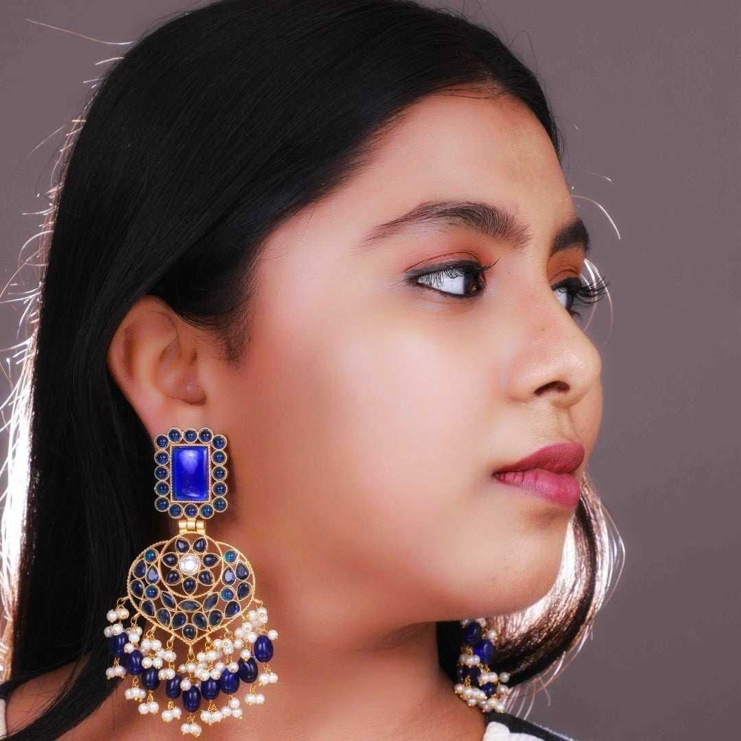 SERAPHINA FLARED BEADED BLUE STONE DANGLERS -SEMI HANDMADE-ER100