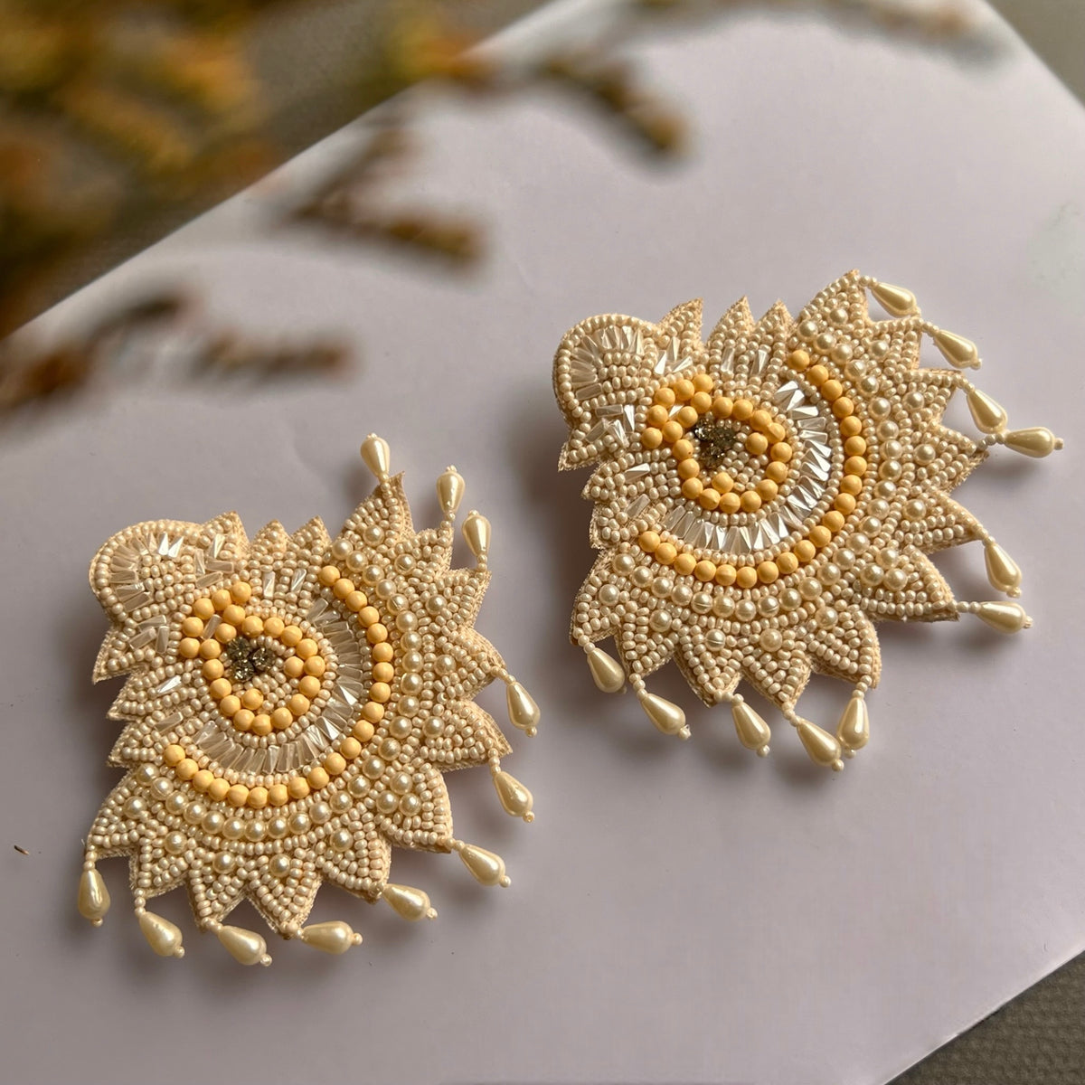 VIVORY FABRIC AND BEADS HANDMADE EARRING ER599