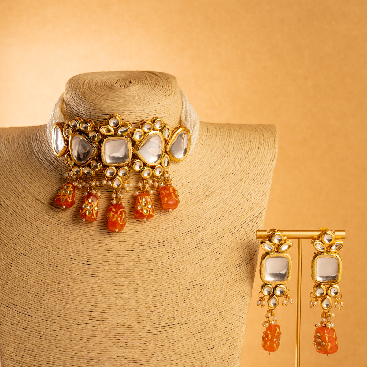 RITHIKA KUNDAN HANDMADE HAND PAINTED PEARL ANTIQUE NECKPIECE NECKLACE NL93