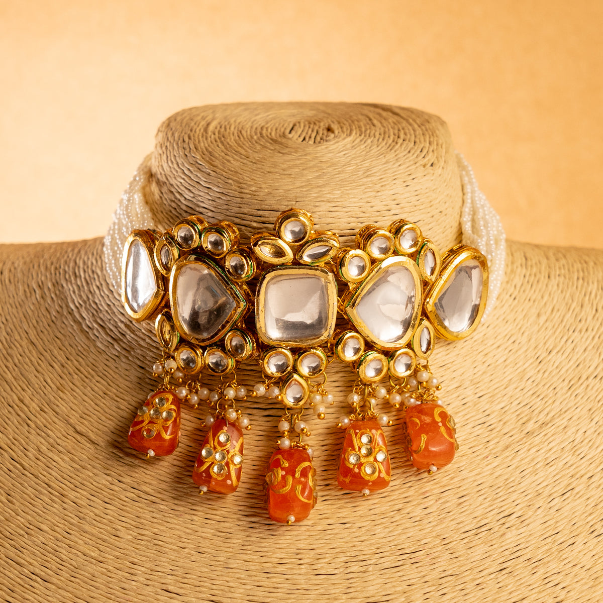 RITHIKA KUNDAN HANDMADE HAND PAINTED PEARL ANTIQUE NECKPIECE NECKLACE NL93