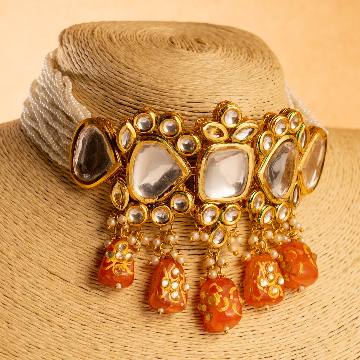 RITHIKA KUNDAN HANDMADE HAND PAINTED PEARL ANTIQUE NECKPIECE NECKLACE NL93