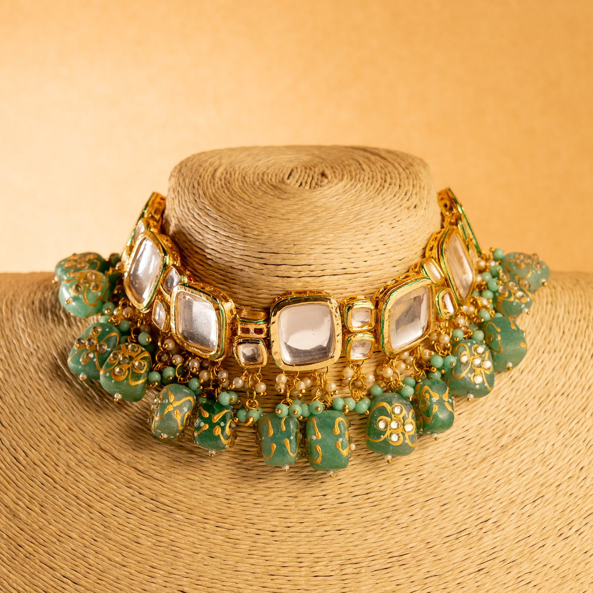 NIHARA KUNDAN BEADED HANDMADE HAND PAINTED ANTIQUE NECKPIECE NECKLACE NL95