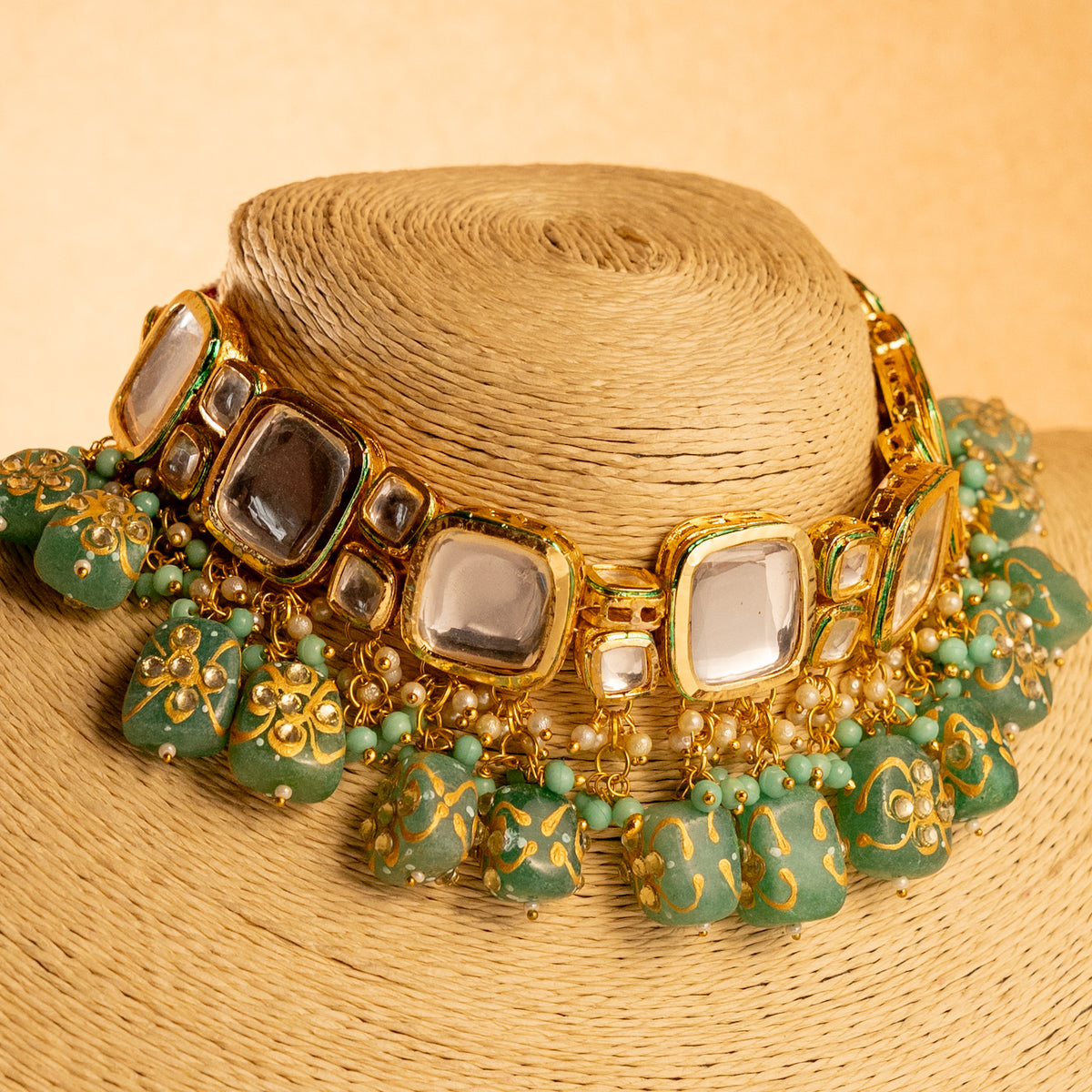 NIHARA KUNDAN BEADED HANDMADE HAND PAINTED ANTIQUE NECKPIECE NECKLACE NL95