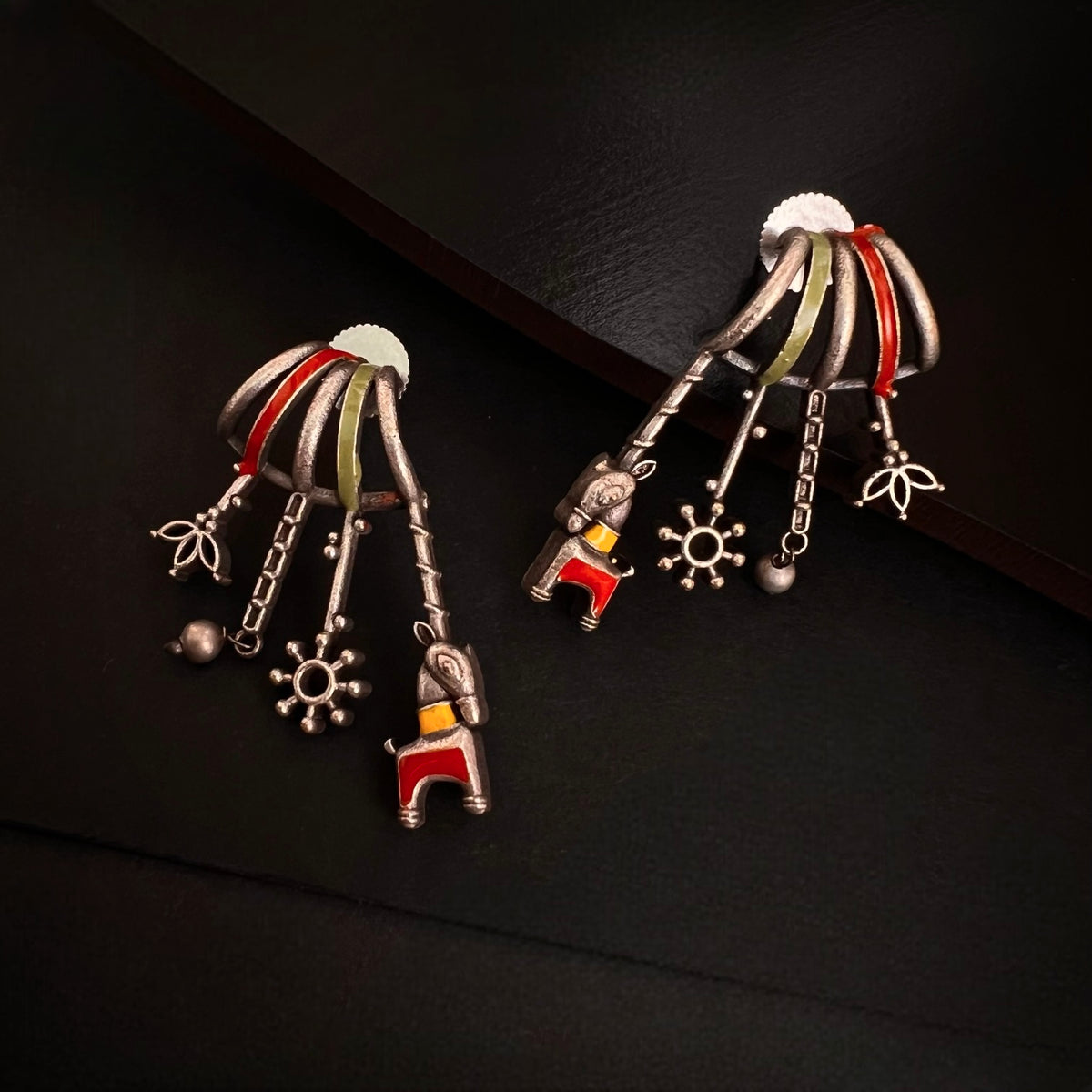 ENAMEL FAUX SILVER RAW AND RASTIC HAND PAINTED HANDMADE  DANGLER /EARRINGS ER650