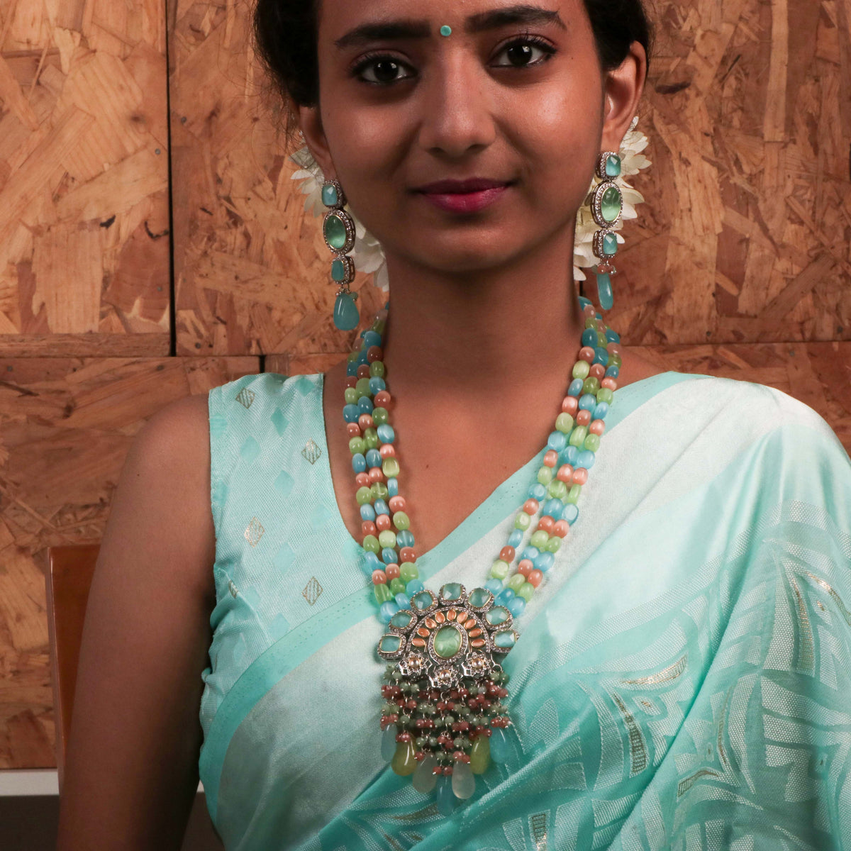 VARDHANA MONALISA STONE AND AD STONE BEADED MALA WITH EARRINGS ML06