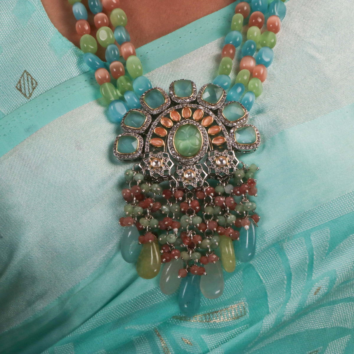 VARDHANA MONALISA STONE AND AD STONE BEADED MALA WITH EARRINGS ML06