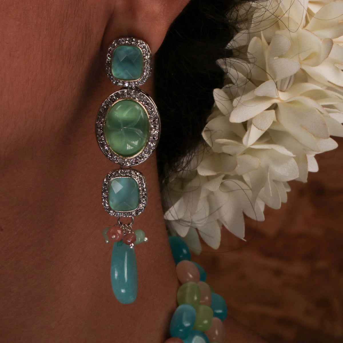 VARDHANA MONALISA STONE AND AD STONE BEADED MALA WITH EARRINGS ML06