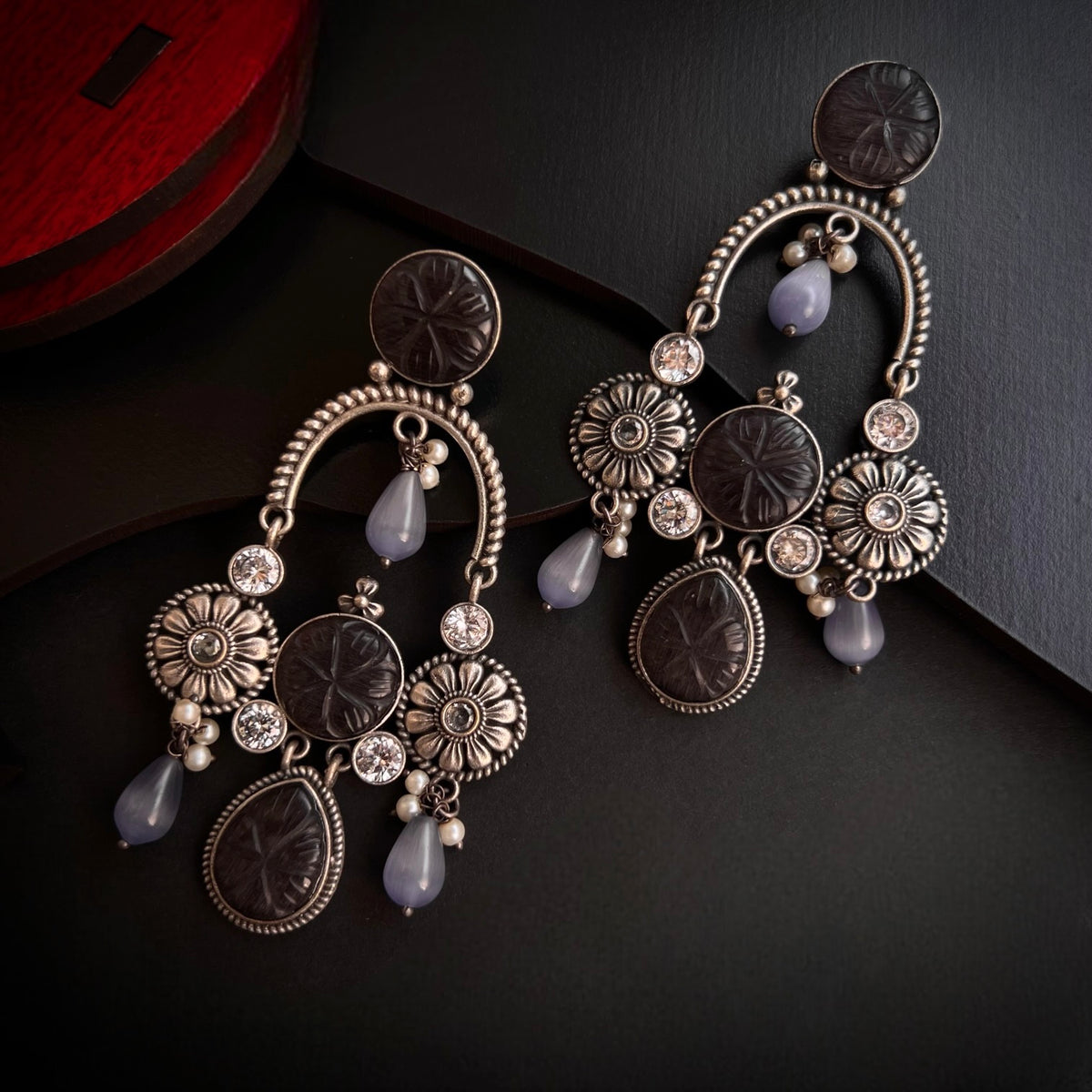 LUNA FAUX SILVER SEMI HANDMADE CARVING STONE EARRINGS ER644