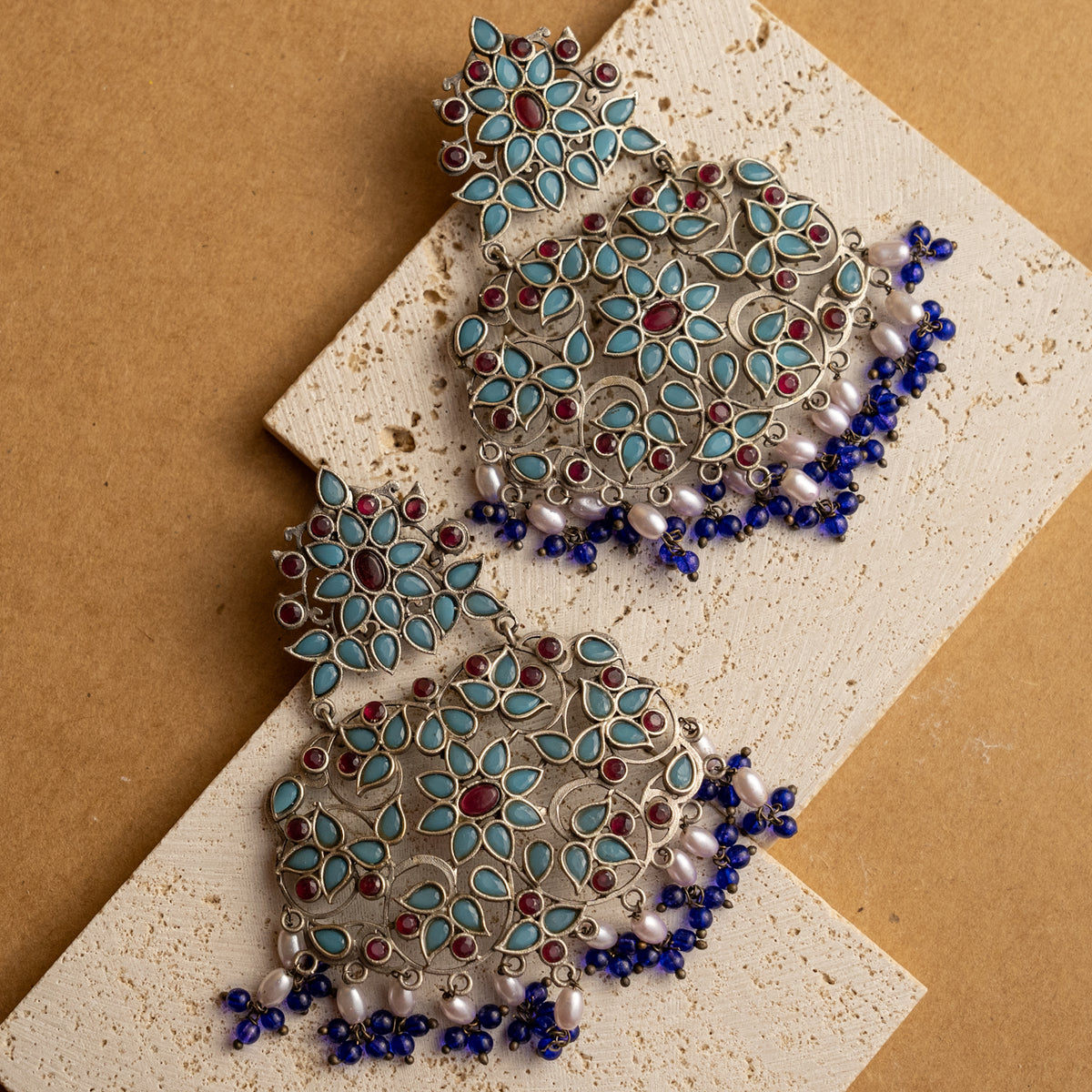 BHAVYA FAUX SILVER SEMI HANDMADE DANGLERS EARRINGS ER655