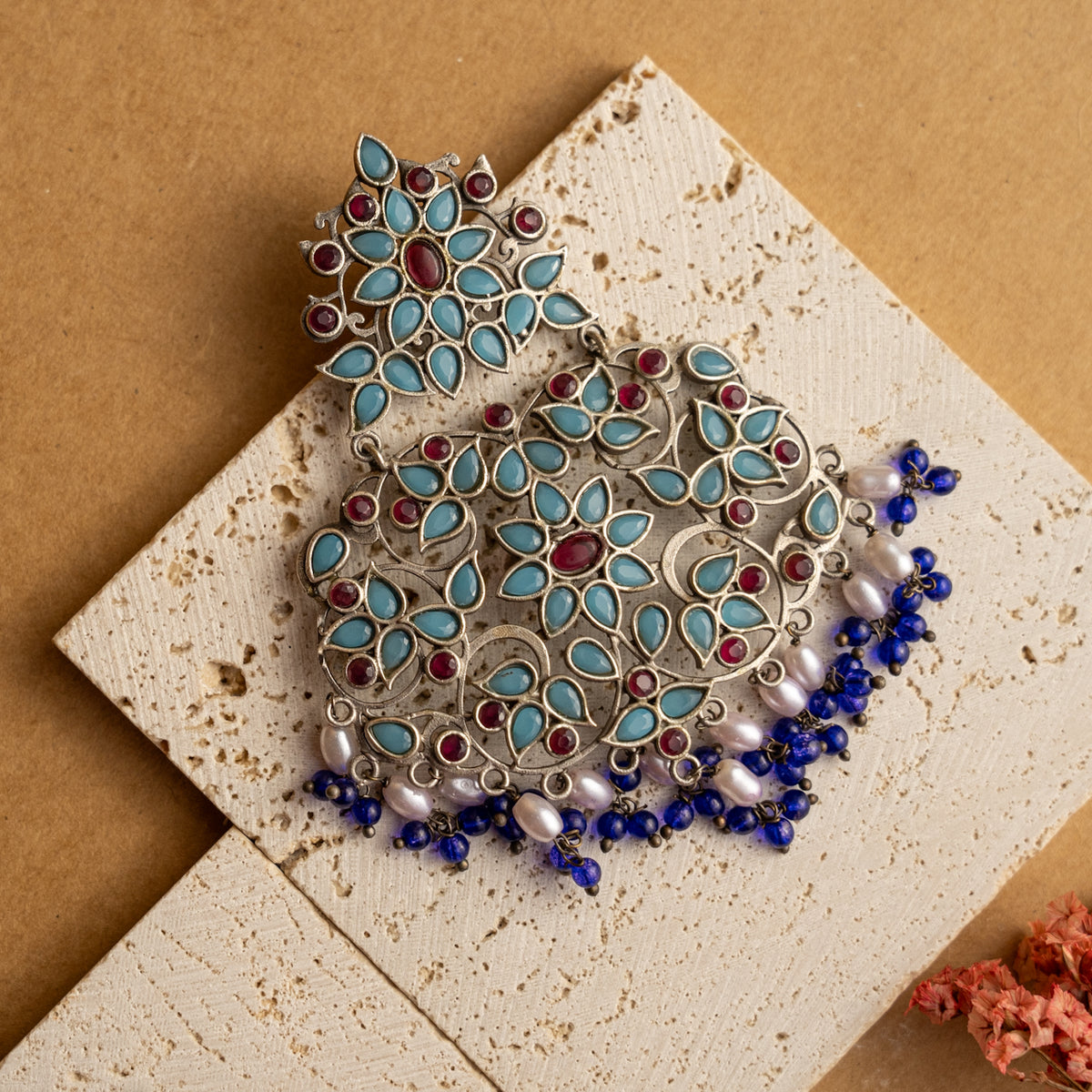 BHAVYA FAUX SILVER SEMI HANDMADE DANGLERS EARRINGS ER655