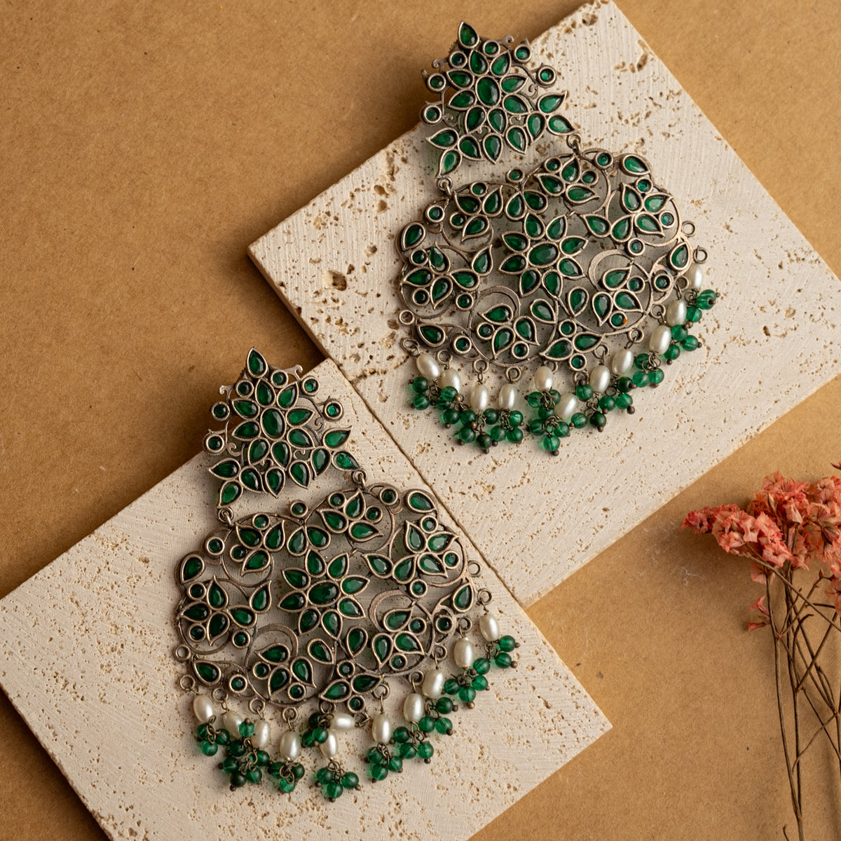 BHAVYA FAUX SILVER SEMI HANDMADE DANGLERS EARRINGS ER655