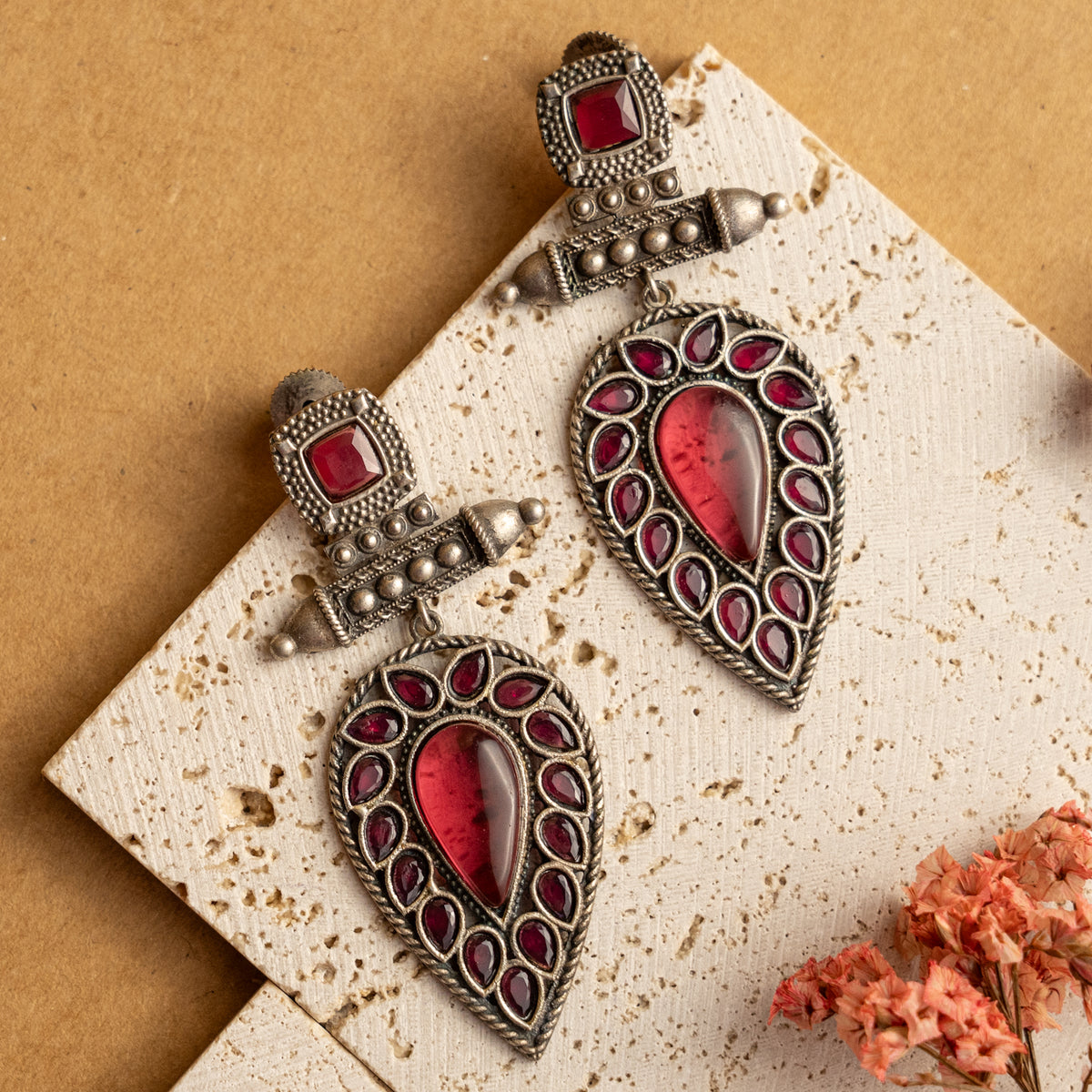 THANINA FAUX SILVER RAW AND RASTIC SEMI HANDMADE DANGLERS EARRINGS ER661