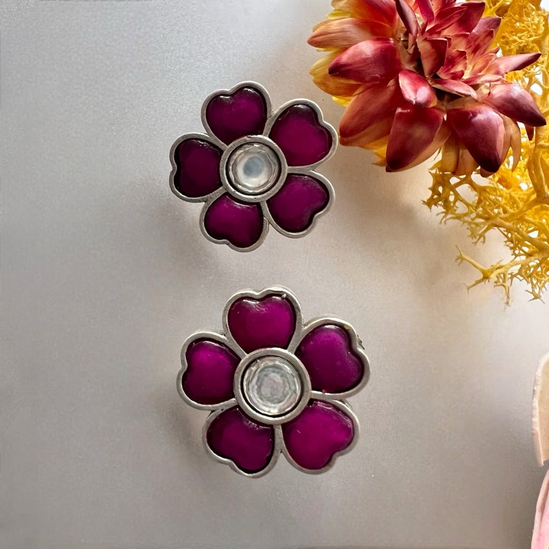BLUSH BLOSSOMS SILVER LOOK ALIKE SEMI HANDMADE STUDS ER516