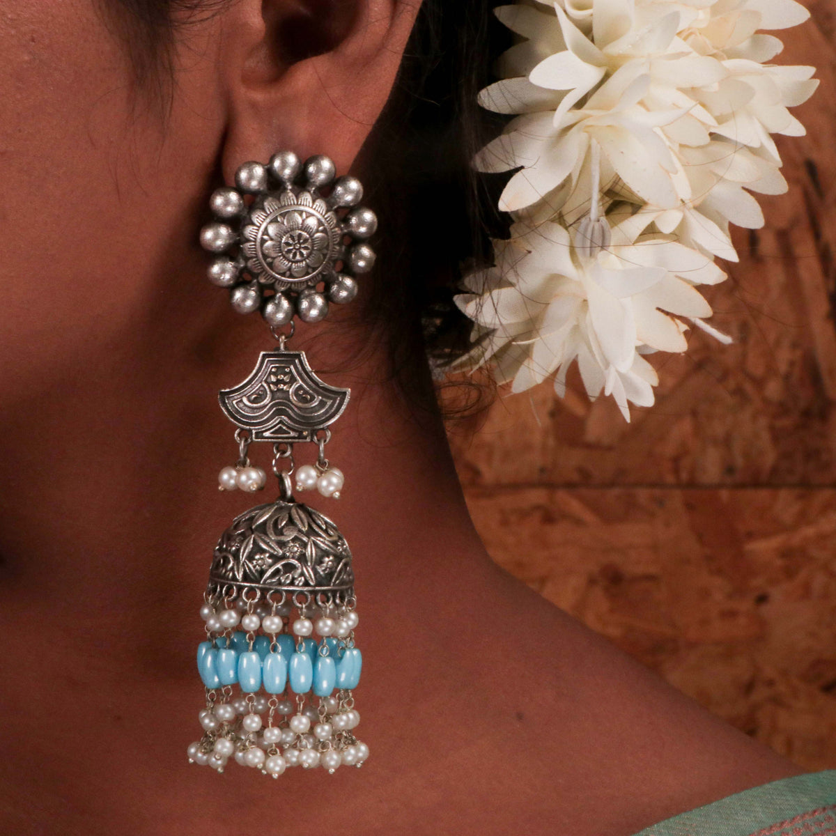 FLORA FANTASY SILVER LOOK ALIKE SEMI-HANDMADE JHUMKAS ER190