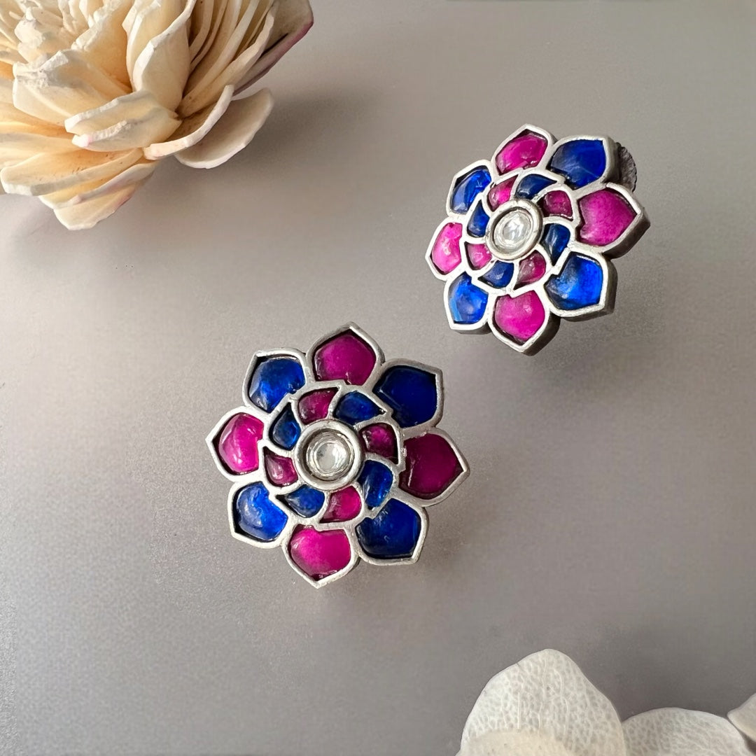AZURE BLOSSOMS SILVER LOOK ALIKE SEMI HANDMADE STUDS ER518