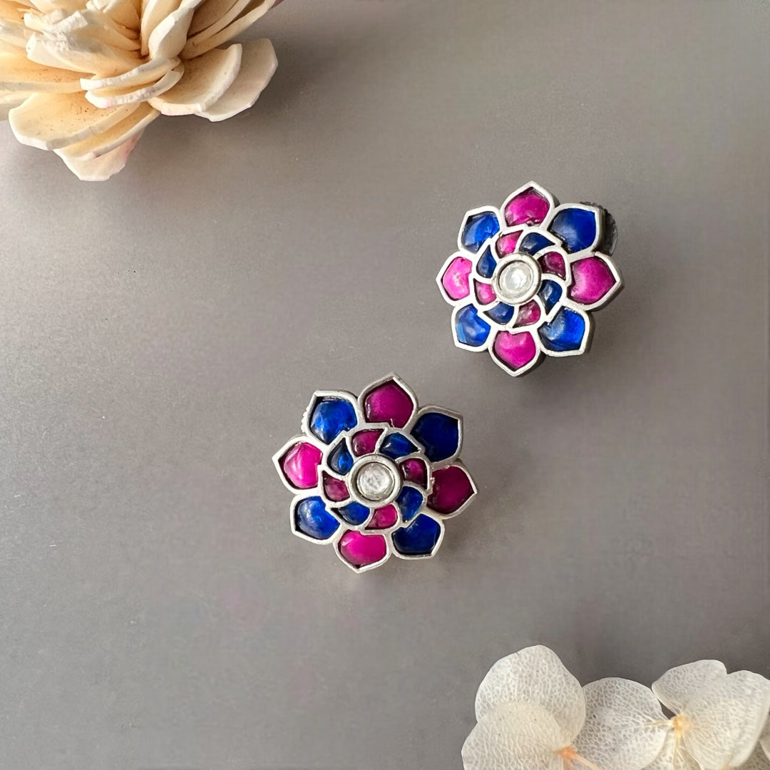 AZURE BLOSSOMS SILVER LOOK ALIKE SEMI HANDMADE STUDS ER518