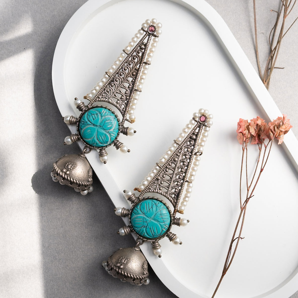 DHRITI FAUX SILVER SEMI HANDMADE ANTIQUE  RAW AND RUSTIC EARRINGS/JHUMKAS ER728