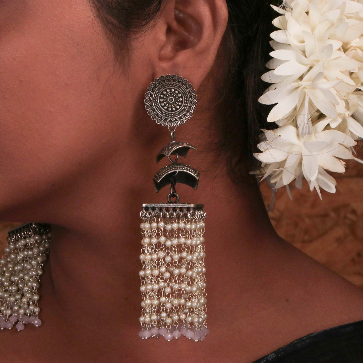 DURBAR SILVER LOOK ALIKE SEMI-HANDMADE JHUMKAS ER187