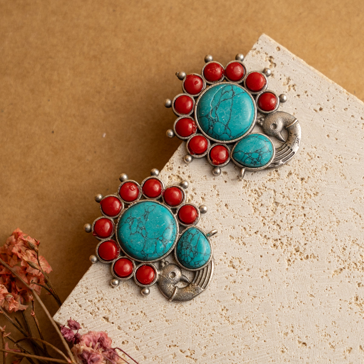 VIMA MONALISA STONE FAUX SILVER SEMI HANDMADE STUDS/ EARRINGS ER686