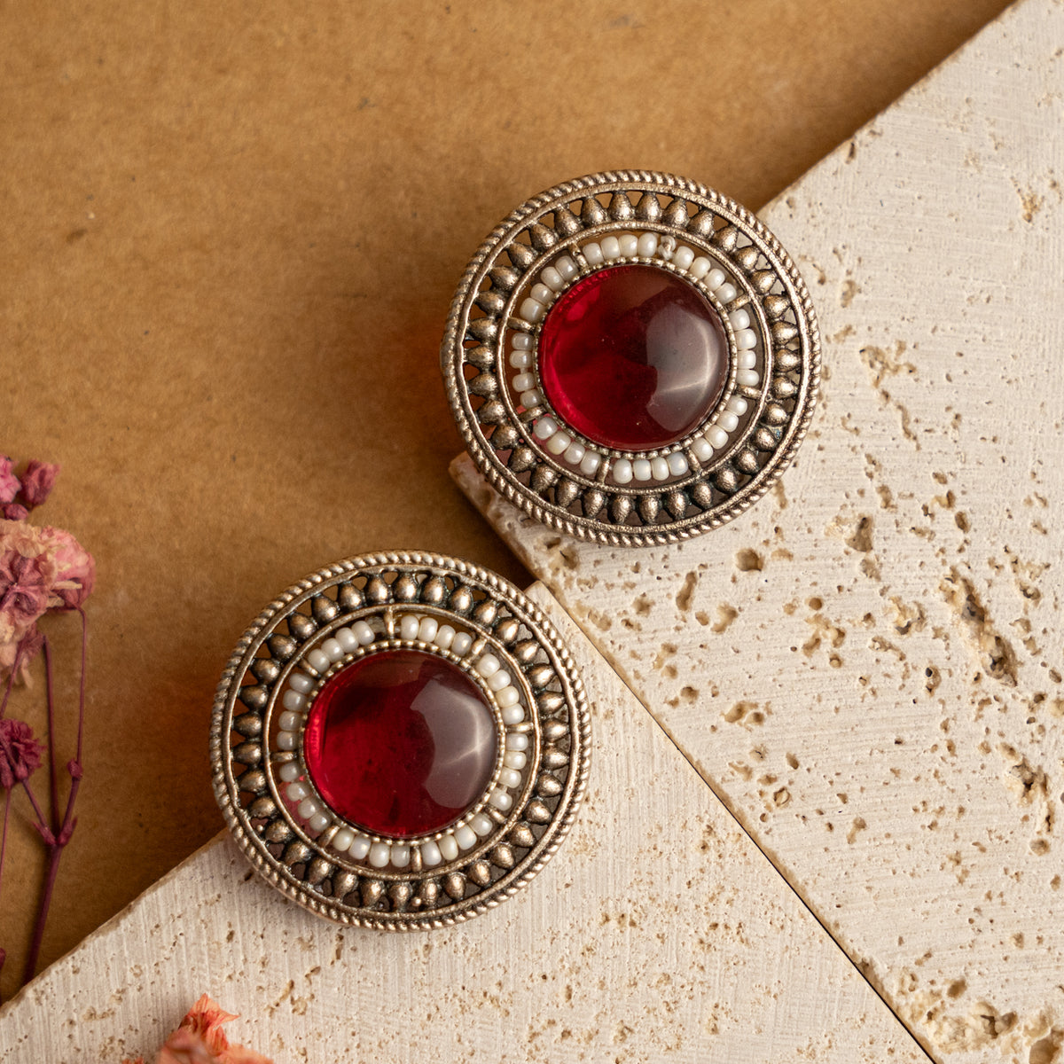 RUBY FAUX SILVER SEMI HANDMADE MONALISA STONE RAW AND RUSTIC EARRINGS ER715