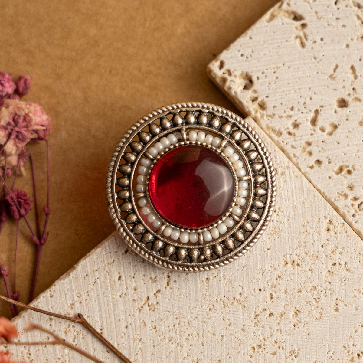 RUBY FAUX SILVER SEMI HANDMADE MONALISA STONE RAW AND RUSTIC EARRINGS ER715