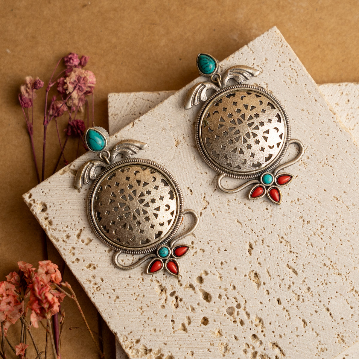 MAEVE FAUX SILVER RAW AND RUSTIC SEMI HANDMADE EARRINGS/STUDS ER706