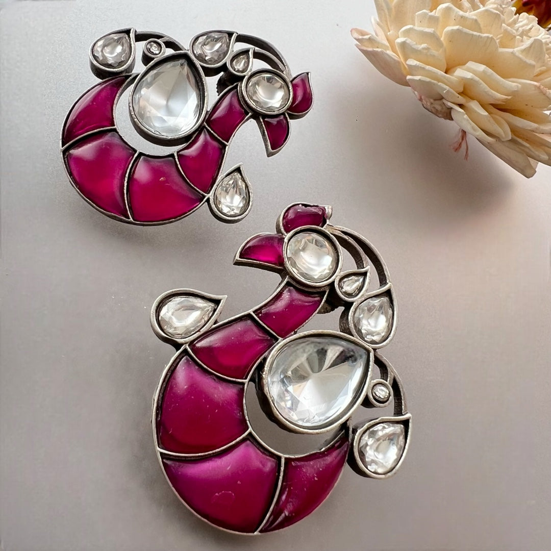 PEACOCK FLORAL FEATHER SILVER LOOK ALIKE SEMI HANDMADE STUDS ER520