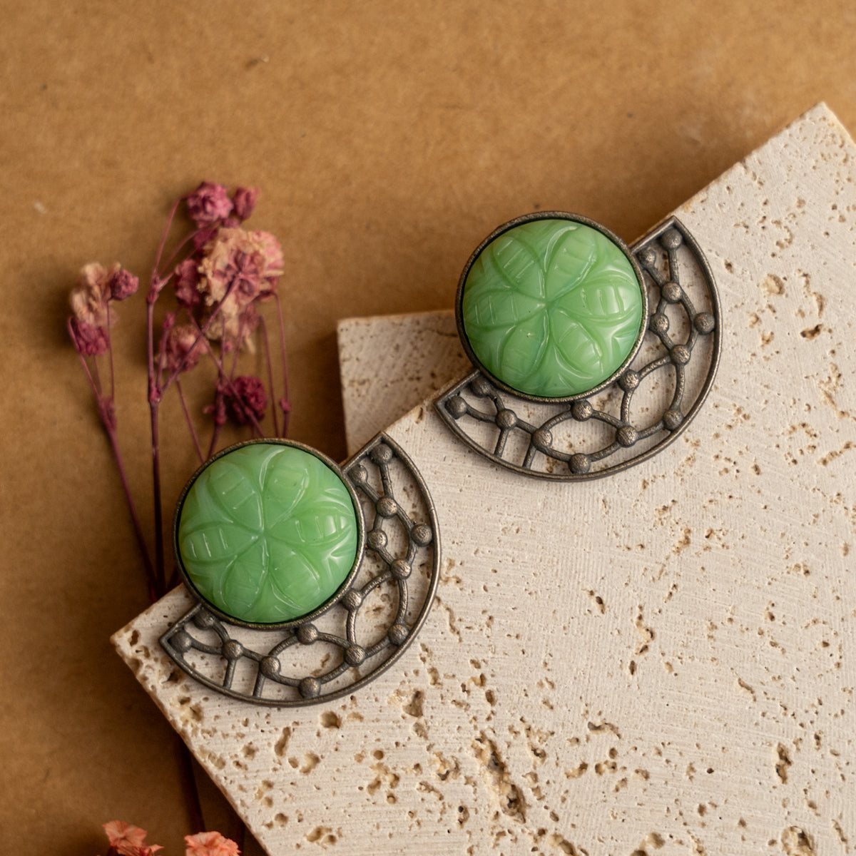 HALO FAUX SILVER RAW AND RUSTIC CARVING STONE SEMI HANDMADE EARRINGS/STUDS ER704