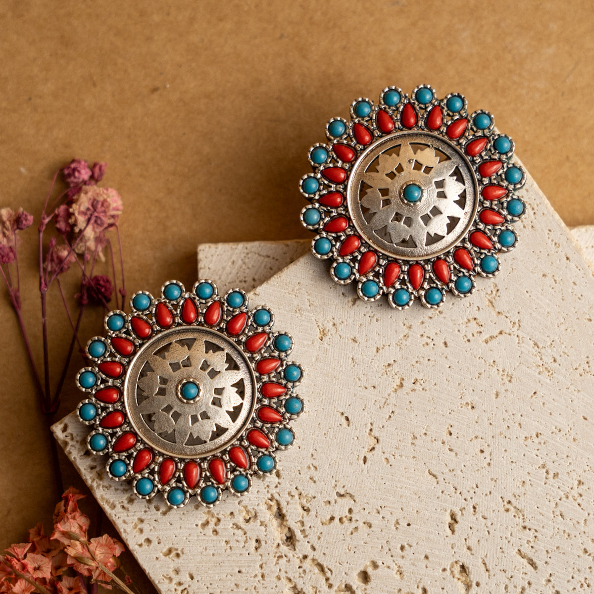 INAYA FAUX SILVER RAW AND RUSTIC SEMI HANDMADE STUDS ER702