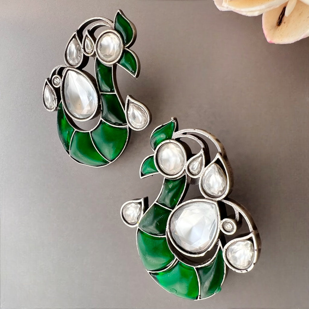 PEACOCK FLORAL FEATHER SILVER LOOK ALIKE SEMI HANDMADE STUDS ER520