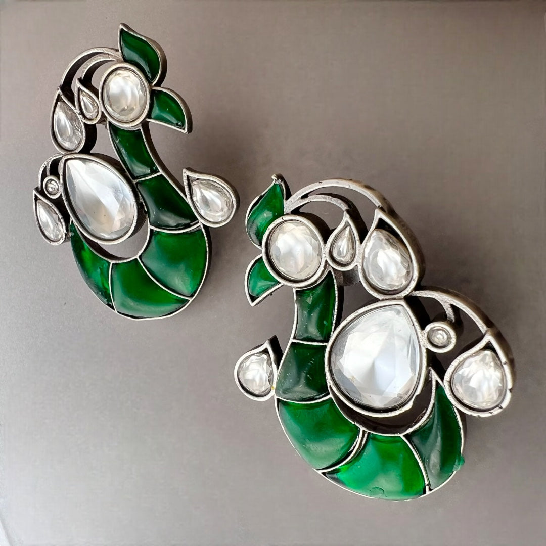 PEACOCK FLORAL FEATHER SILVER LOOK ALIKE SEMI HANDMADE STUDS ER520