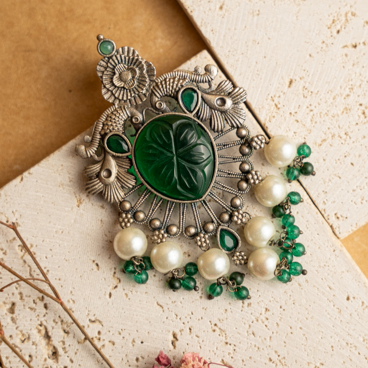 VIOLET FAUX SILVER CARVING STONE SEMI HANDMADE EARRINGS ER711